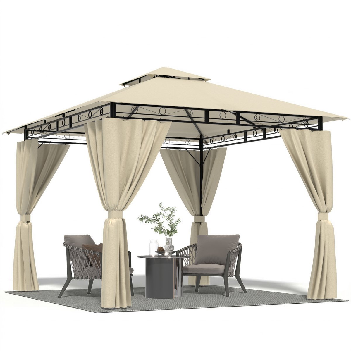 Devoko Tuinpaviljoen 3x3 m – Dubbeldak voor Ventilatie – UV50+ Waterdicht – 4 Afneembare Zijwanden – Weerbestendig Gepoedercoat Staal – Eenvoudige Montage – Beige
