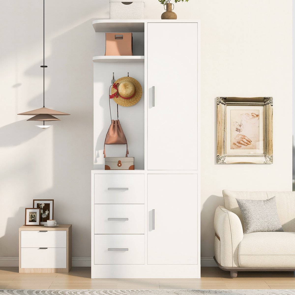 VVBV Kledingkast 70x50x170 cm – Opbergruimte, Lades en Legplanken – Modern Design – Voor Slaapkamer – Hout – Multifunctioneel – Wit