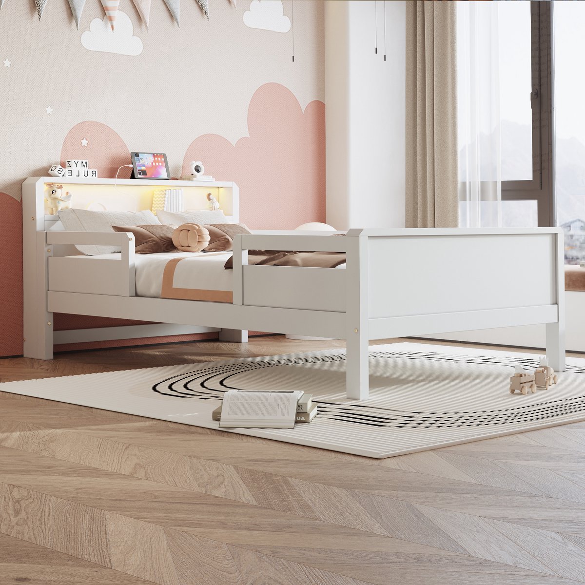 Kinderbed, Eenpersoonsbed, Houten Bed 90 X 200 cm, Gecombineerde USB- En Type-C-Aansluiting, Klein LED-Lampje, Hoofdbord Met Opbergruimte, Multifunctioneel Bed, Grenenhout-Wit