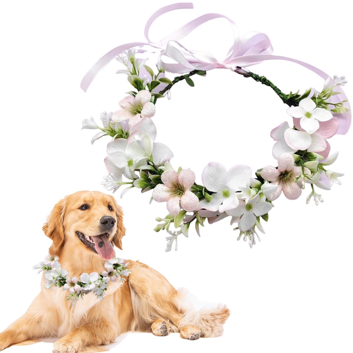 Honden Bloemenhalsband met Strik - Bloemenkrans voor Huisdieren - Verstelbare Halsdecoratie voor Bruiloft, Feest, Fotoshoot & Speciale Gelegenheden