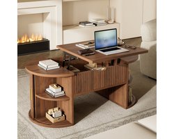 Moderne verstelbare salontafel - woonkamer salontafel met verstelbare hoogte - open legplanken en opbergruimte - walnotekleur