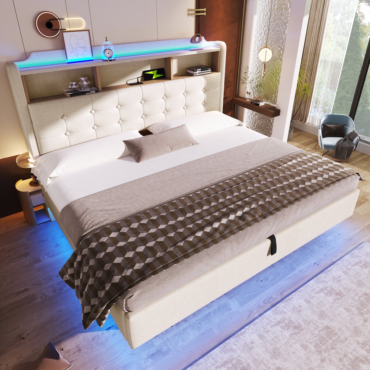 COVREO Bed 180x200 cm beige stof, met LED-verlichting en opbergruimte