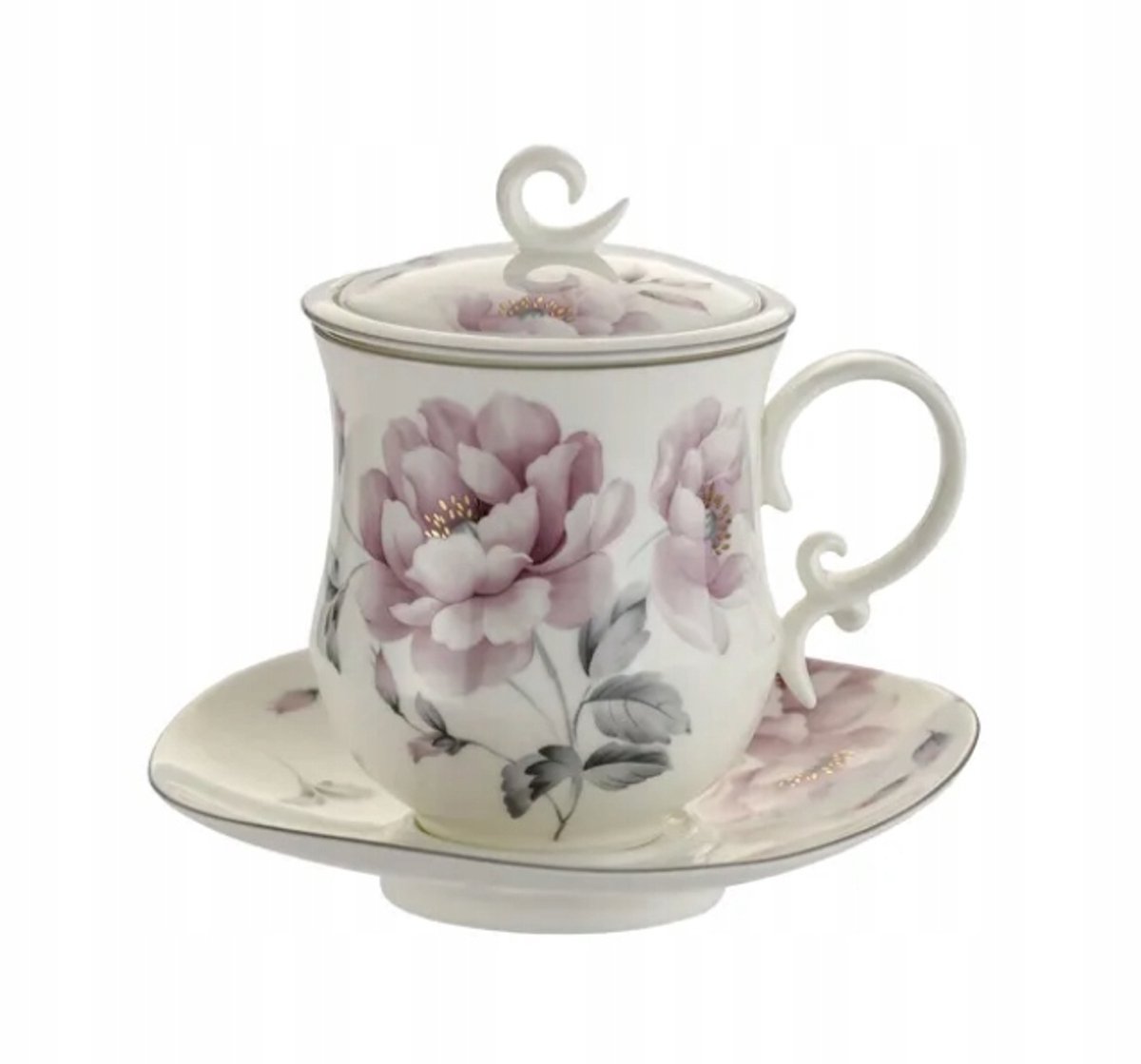 Merkloos Porseleinen Theemok met Zeef, Deksel en Schotel - 380ml Bloemen