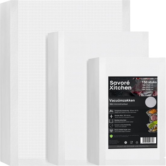 Emballage de 150 sacs sous vide Savoré Kitchen avec micro-structure en 3 tailles: 50x17x25cm, 50x20x30cm, 50x30x40cm.