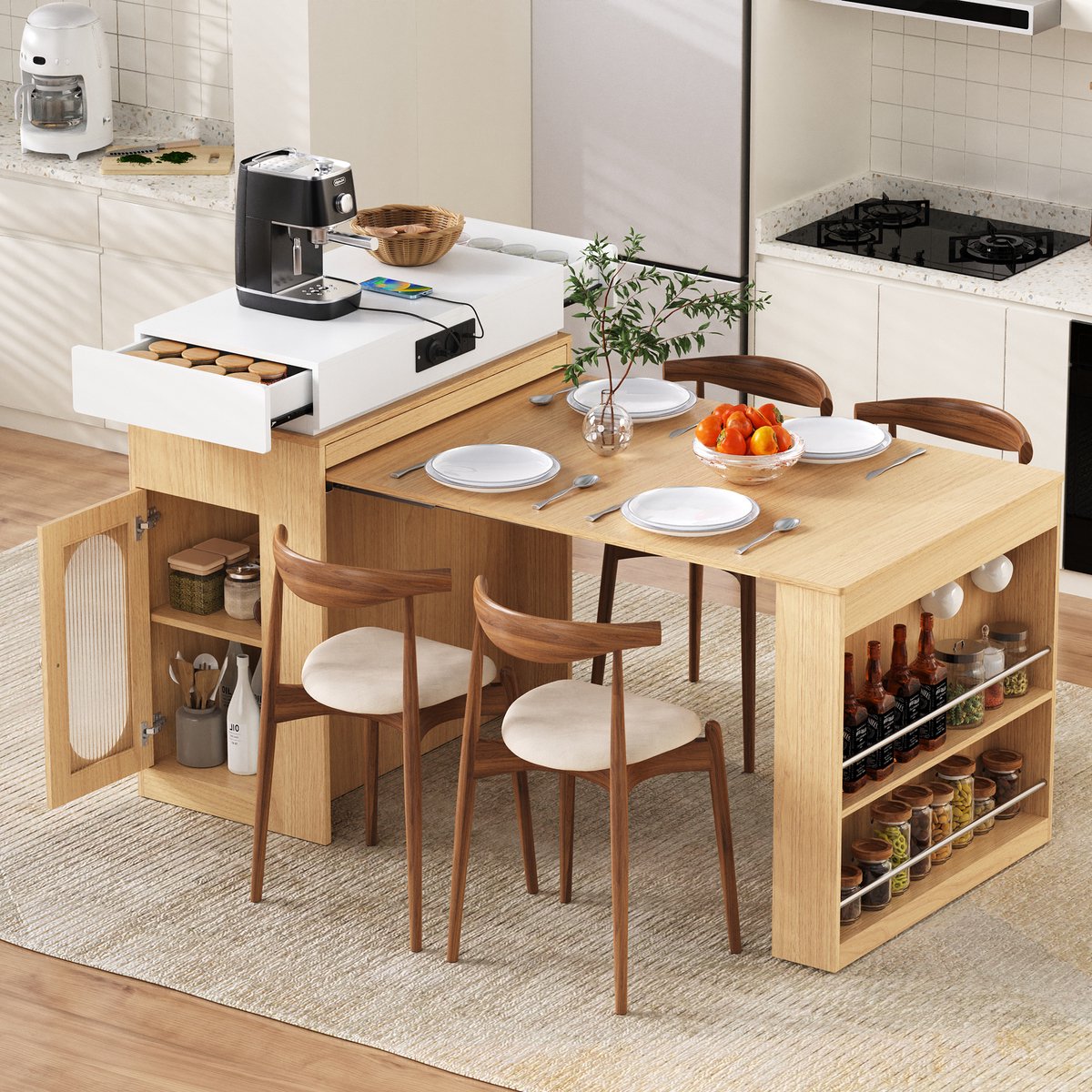 Intebiki Uitschuifbare eettafel (46/100×83 cm) - Keukentafel met stroomkabel en haken - Keukeneiland op wielen - Biedt plaats aan 4 personen - Natuurlijke kleur