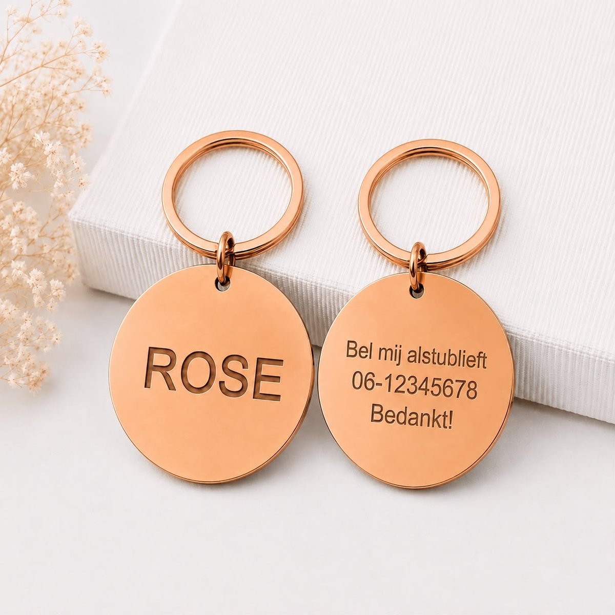 Gepersonaliseerde RVS Dierenpenning / Naamplaatje voor Huisdier – Champagne Rosé Ronde Hondenpenning en Kattenpenning met Naam, Telefoonnummer en Adres – Ronde Hondenpenning inclusief Graveren - Petshop Seven
