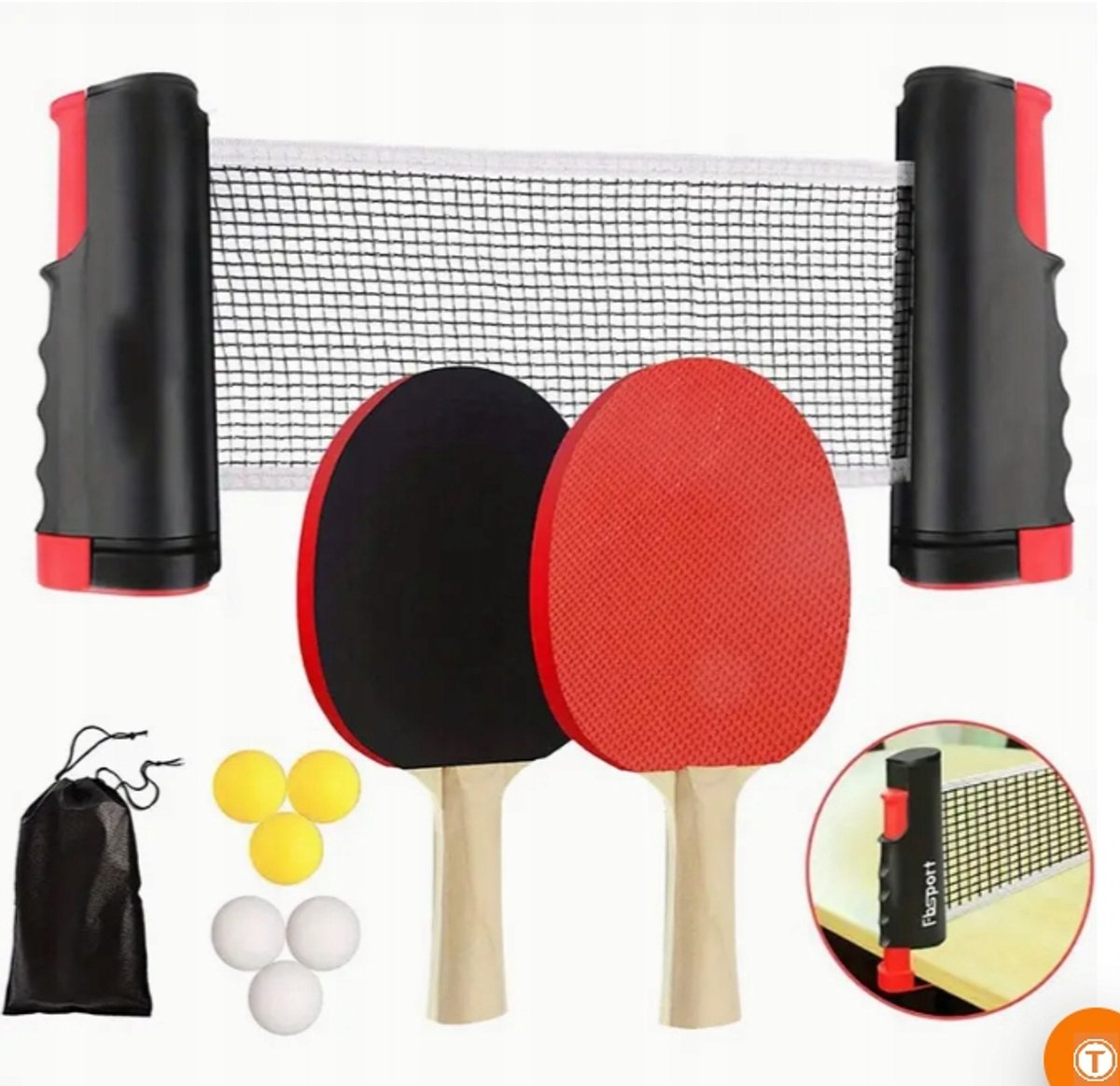 Draagbare Tafeltennis Set: Net, 2 Batjes, 6 Balletjes & Tas