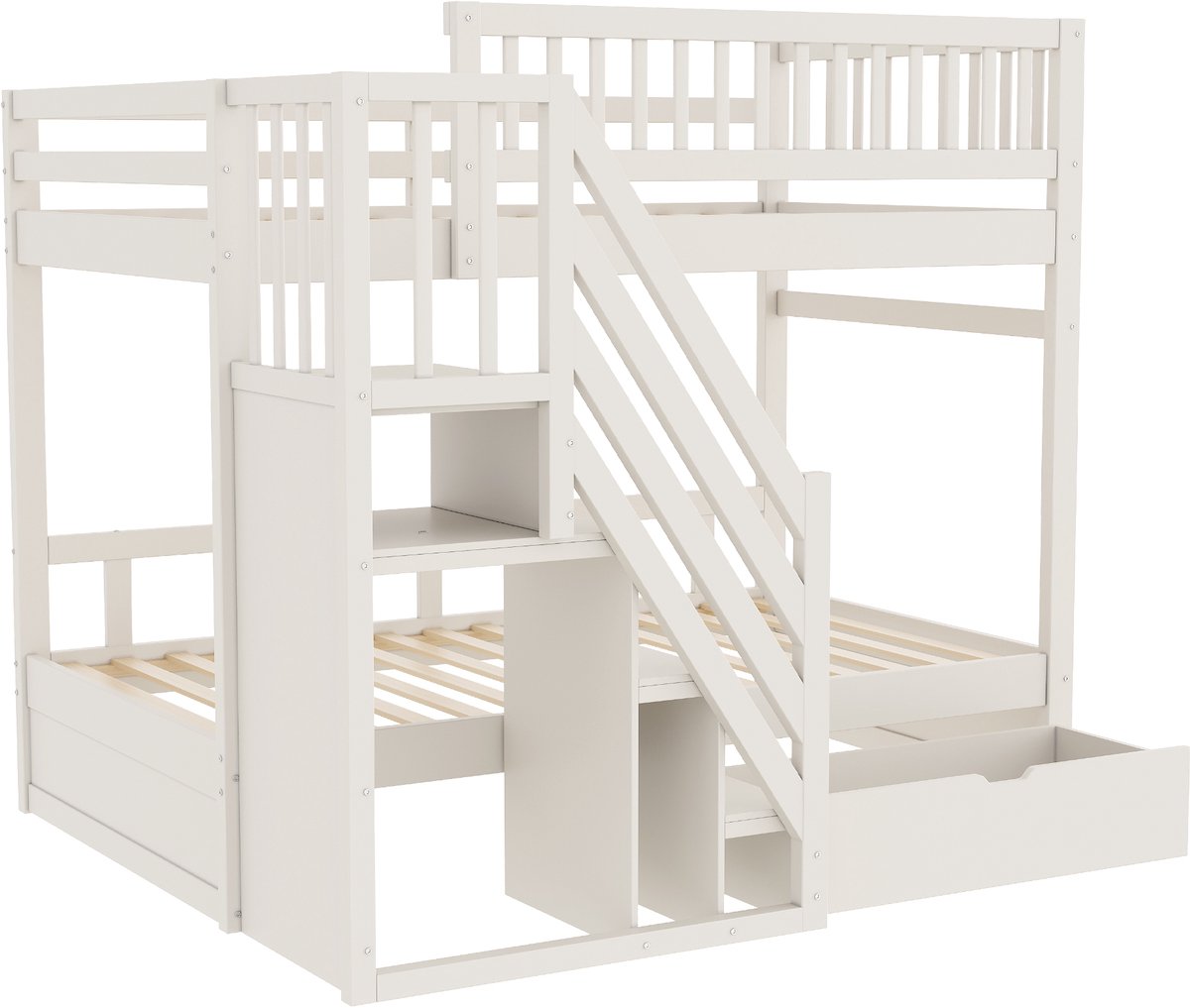 MUVANO Stapelbed Massief Hout - Kinderbed Wit - Jeugdbed Met Lades - Veilige Opbergtrap - Inclusief Lattenbodem - Kinderkamer - 90x200 cm - Wit