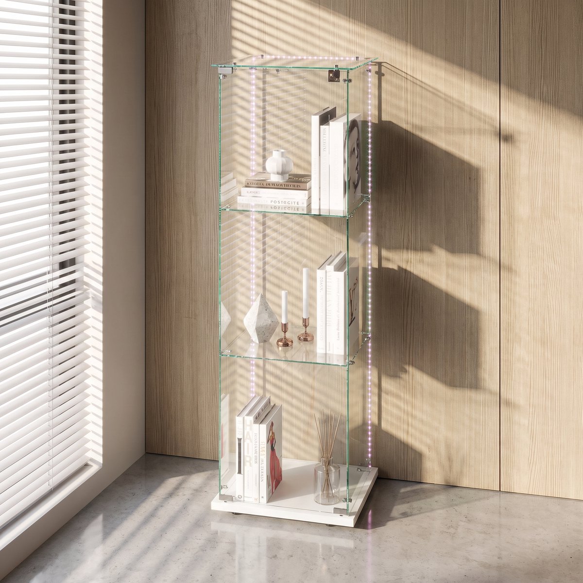 Glazen Vitrinekast, 3-Laags Verticaal Opbergmeubel voor Verzamelingen, Boeken, Wijn, Kantoor, Woonkamer, Keuken, 123,5x39,8x35cm, met Lichtstrip (Wit)