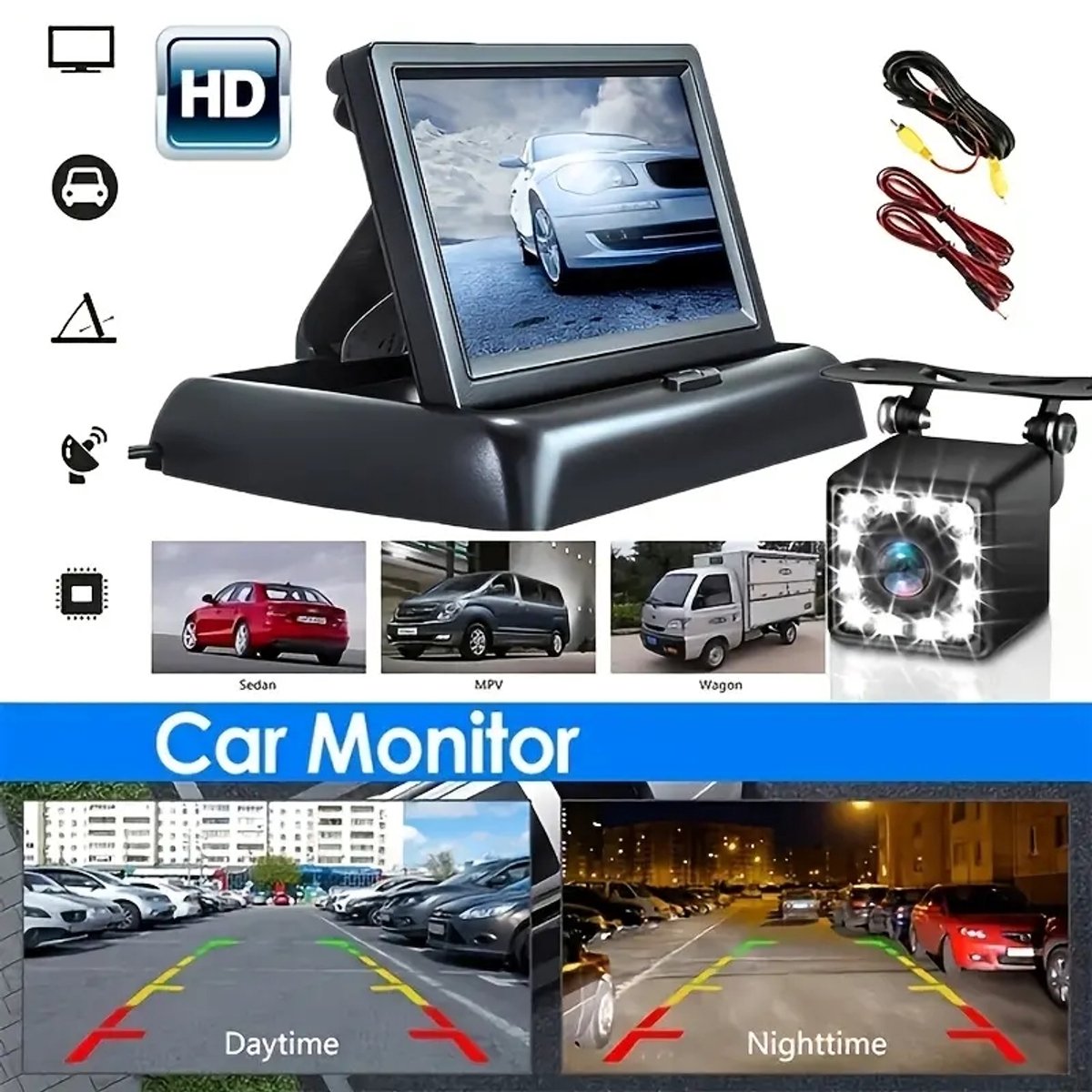 casalora — Nachtzicht achteruitrijcameraset - Eenvoudig te installeren (1 set) 10,92 cm (4,3 inch) - AHD-display voor auto's, vrachtwagens, campers, enz. - Inclusief LCD-scherm en netsnoer