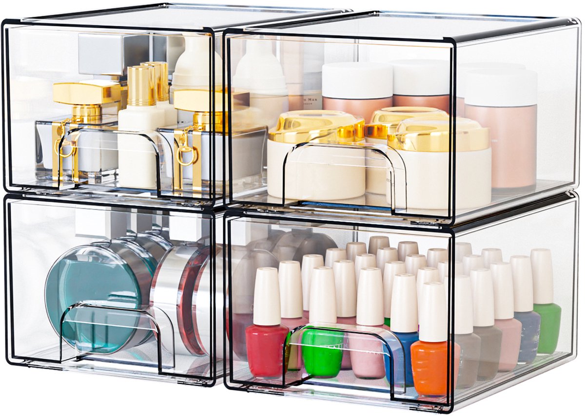 Transparante Opbergdoos Stapelbaar - 4 Stuks Met Handgreep - Stofdichte Organizer Voor Make-up Sieraden En Badkamer