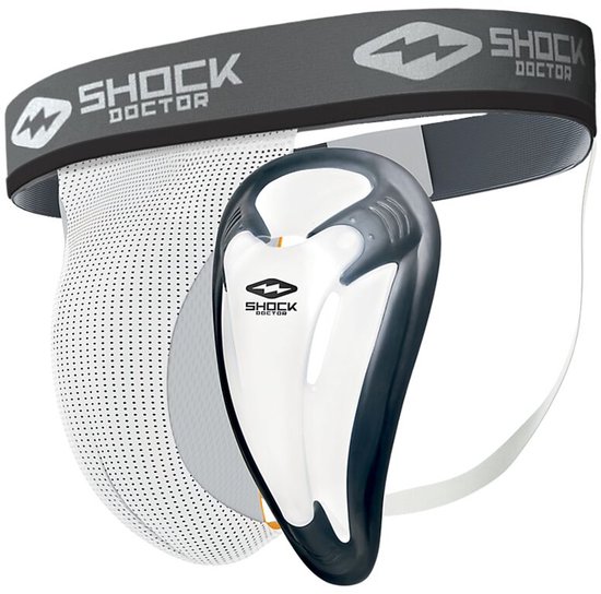 Witte Shock Doctor kruisbeschermer met grijze tailleband en beschermende Bioflex-cup.