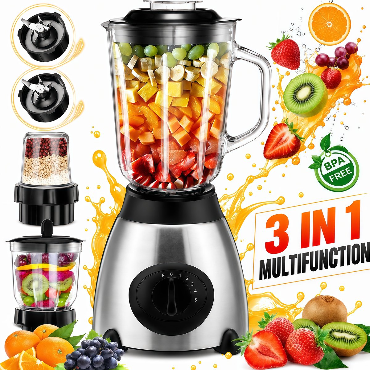 Blender Smoothie Maker 2000W Safecourt Kitchen Power Blender 1,5L Glas, Smoothie Maker met 6 RVS Messen, Milkshake Mixer en Ice Crusher, voor Smoothies, Puree en Sap, Zilver