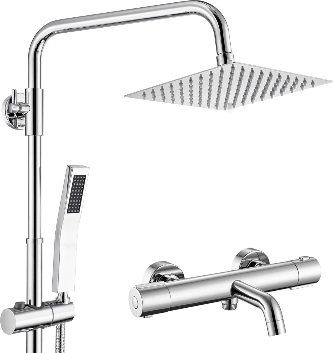 Auralum Max egendouche met Thermostaatkraan Badkraan - Compleet 3 Functies Doucheset - Met CoolTouch technologie - Vierkante Design - Verstelbare Hoogte 72-110 cm - Waterbesparend - Chroom