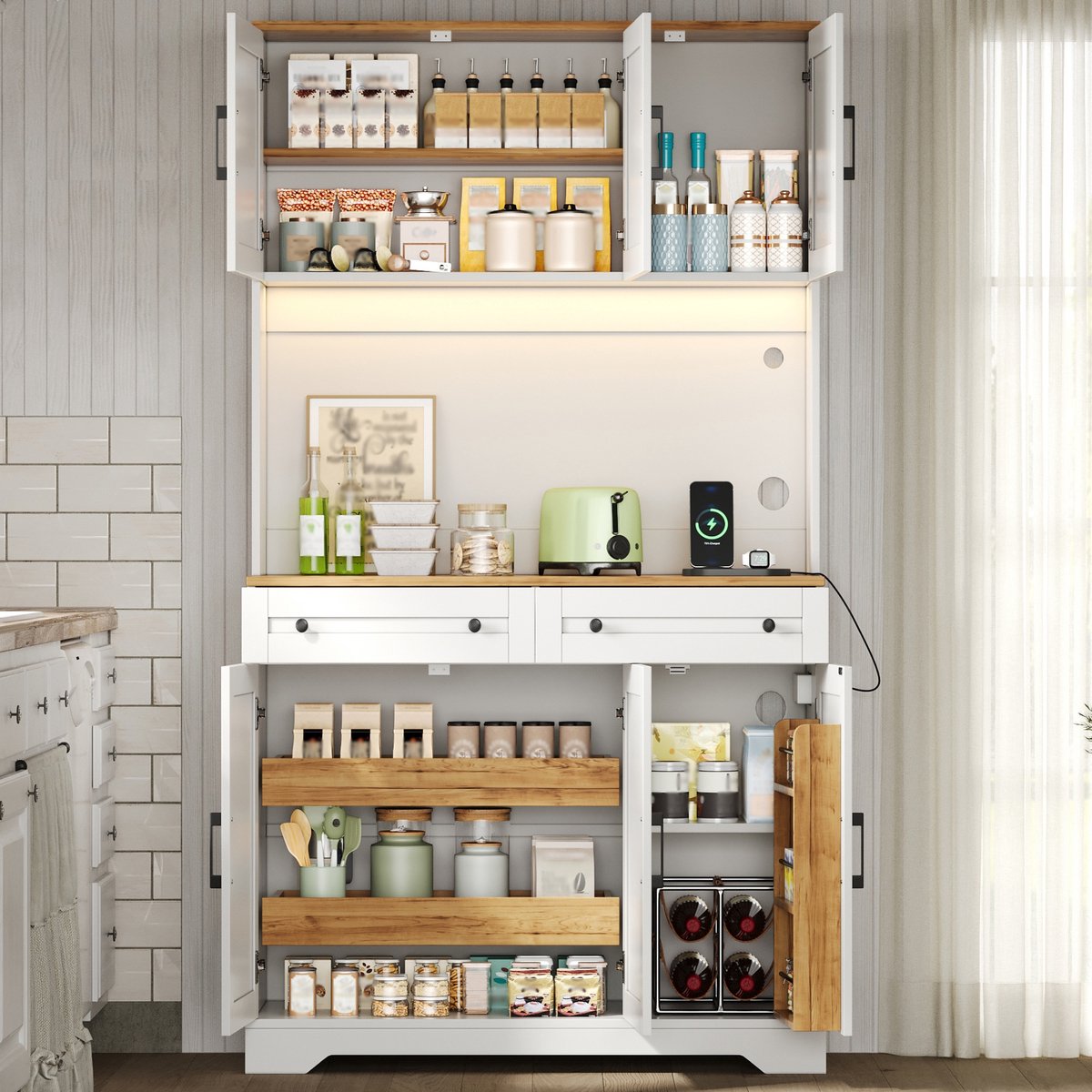 COVREO Keukenkast 100x40x180 cm Natural+White MDF, met LED en stekkerdoos