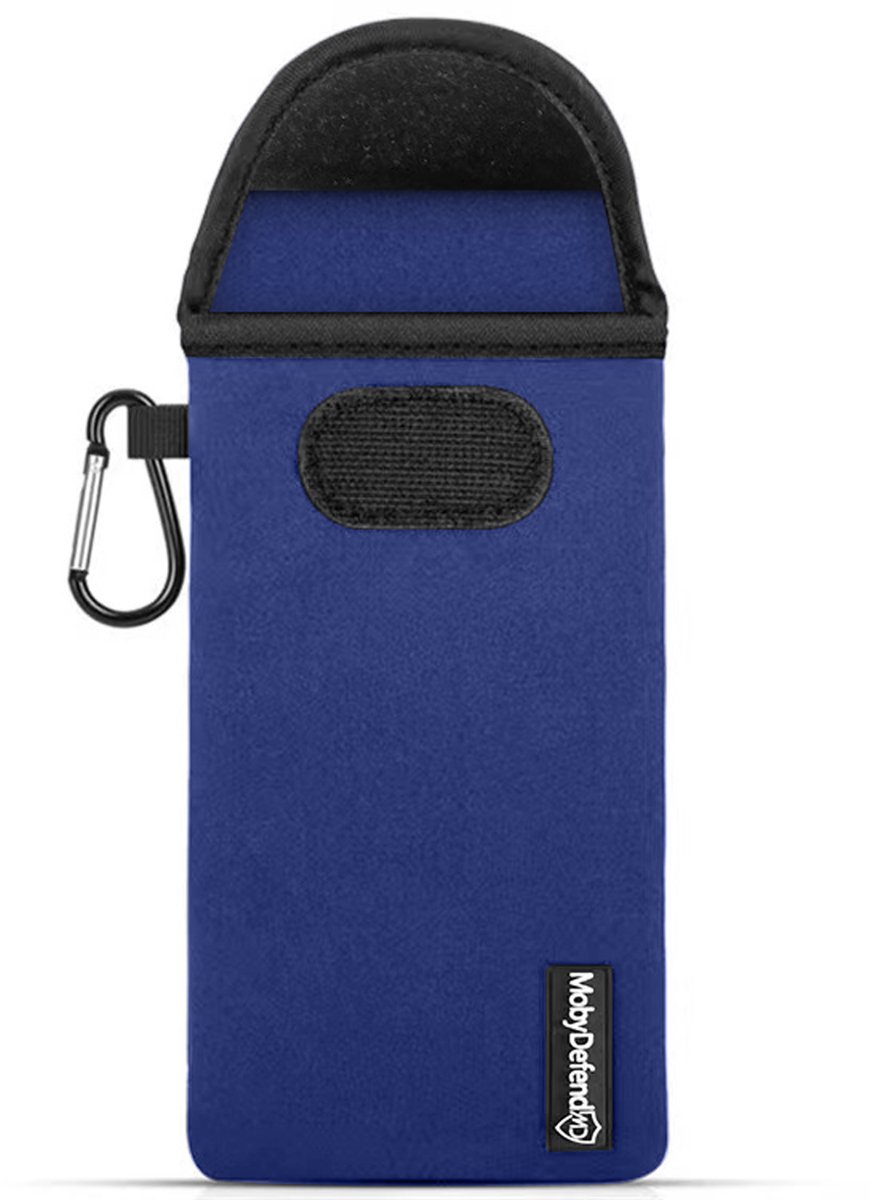 MobyDefend Hoesje - Geschikt voor iPhone 18 Pro Max - Neopreen Pouch Met Karabijnhaak - Insteek - Riemlus - Blauw