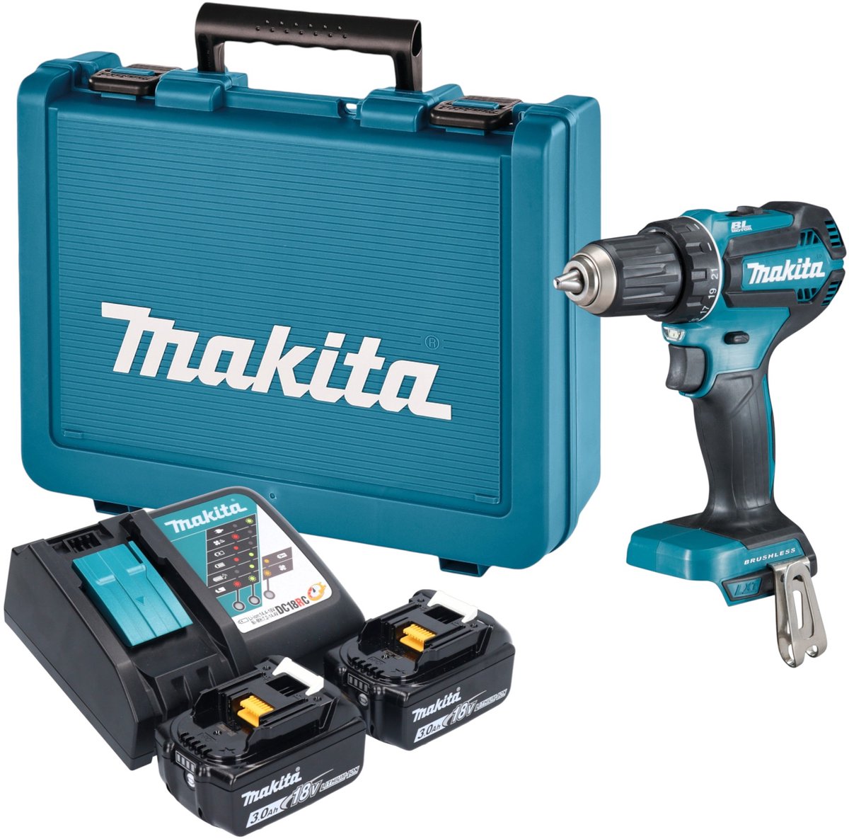 Makita DDF 485 RFE accuboormachine 18 V 50 Nm borstelloos + 2x accu 3,0 Ah + oplader + koffer
