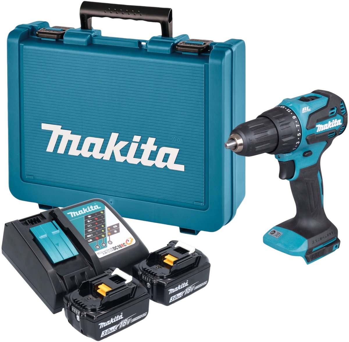Makita DHP 490 RFE accu-slagboormachine 18 V 65 Nm borstelloos + 2x accu 3,0 Ah + oplader + koffer