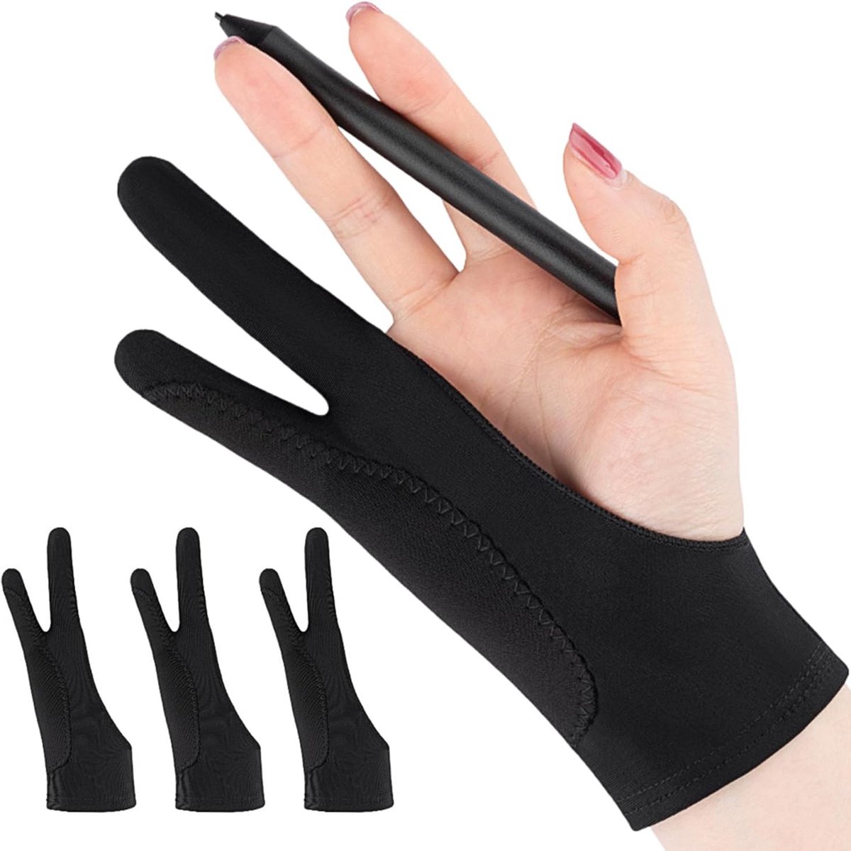 4PCS Tekenhandschoen- kunstenaarshandschoen voor digitaal tekenen- tweevingerige tekenhandschoen voor iPad- grafisch tablet- schetsen- vlekbescherming- rechterhand（M）