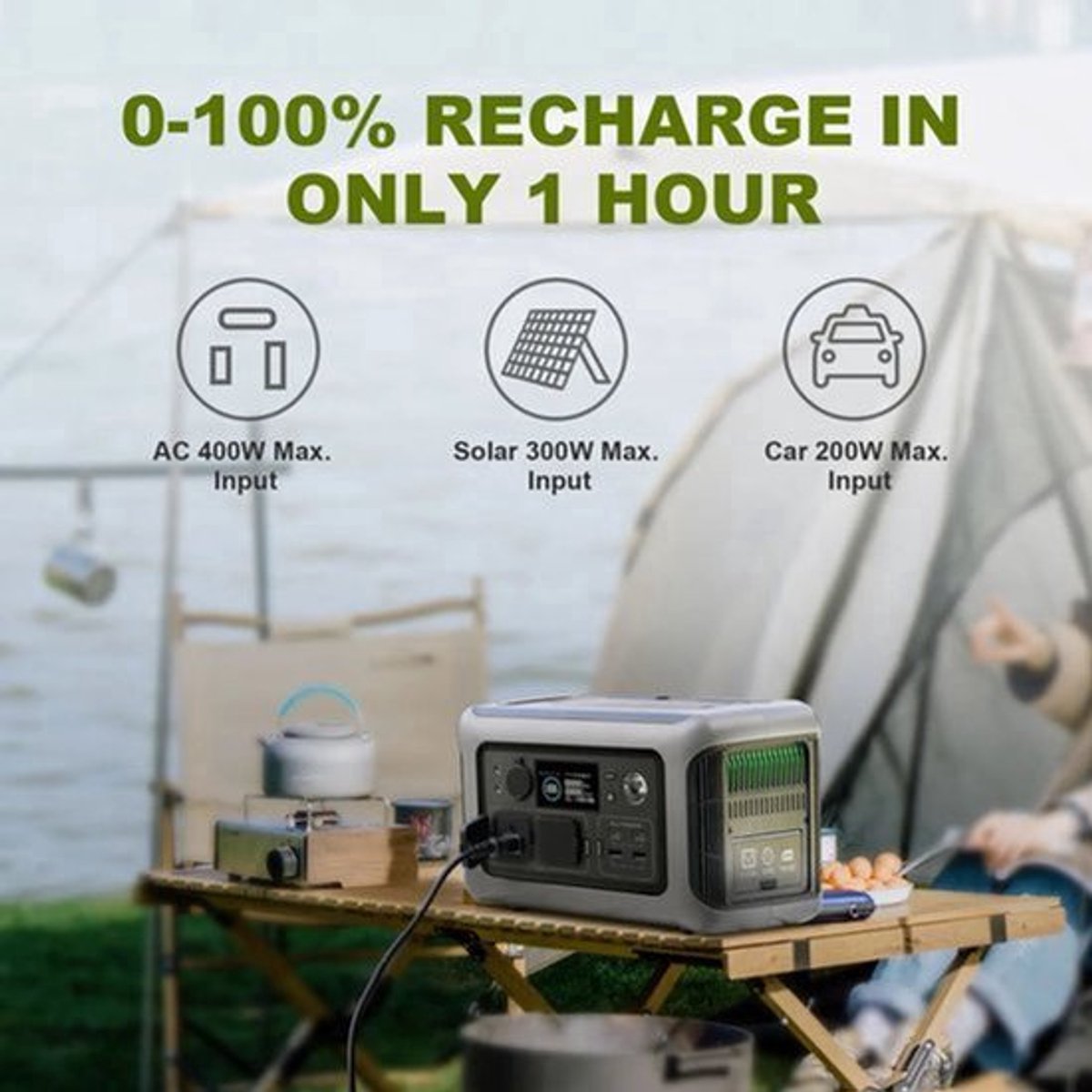 Powerstation - Generator - Aggregaat - Powerbank - Draagbare - 299Wh LiFePO4 - met 600W AC Uitgang en 2x 100W Zonnepaneel - voor Off-Grid, Camping en Noodstroom