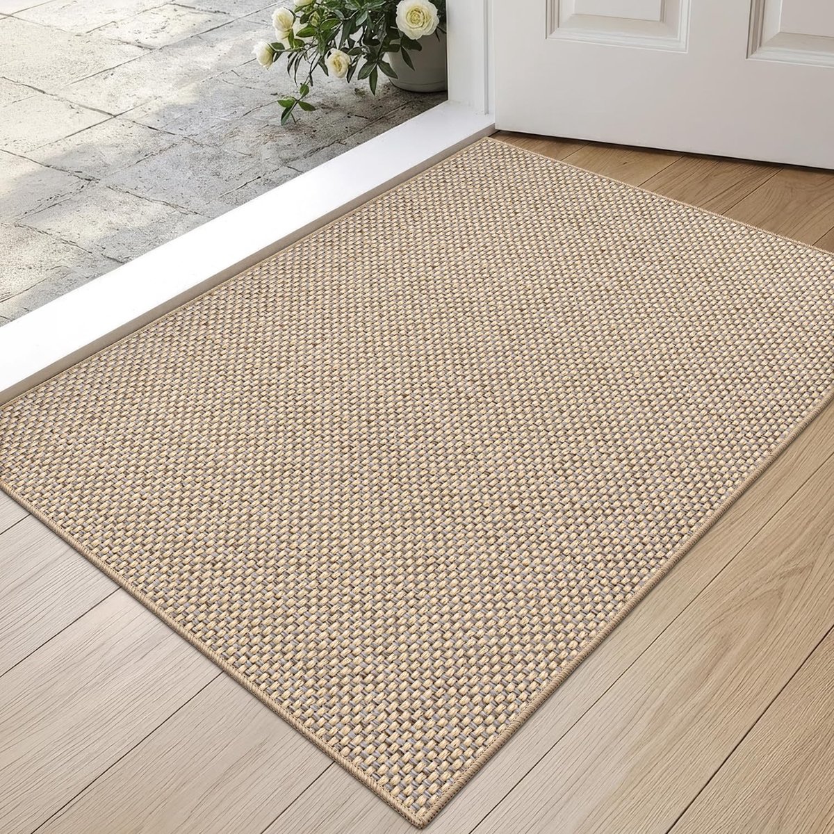 Deurmat 44 x 76 cm - Absorberende Wasbare Schoonloopmat - Antislip Dunne Entree Mat voor Voor- en Achterdeur - Vuilvangende Vloermat voor Binnengebruik - Beige