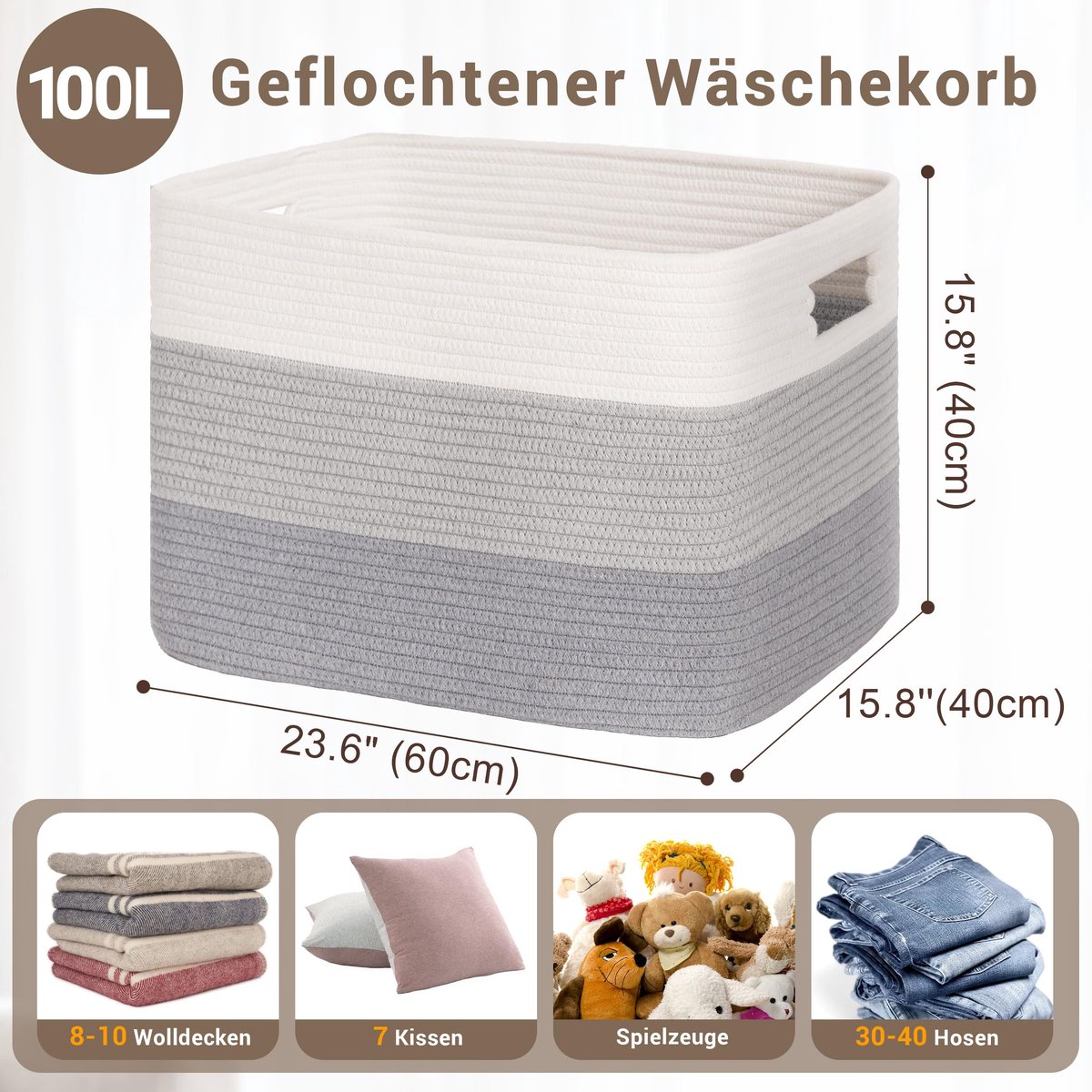 Grote Opbergmand 100L - Gevlochten Katoenen Mand met Handgrepen - Wasmand & Opbergmand voor Dekens, Speelgoed, Kleding en Textiel - Decoratieve Mand voor Kinderkamer, Woonkamer & Slaapkamer - Grijs Verloop