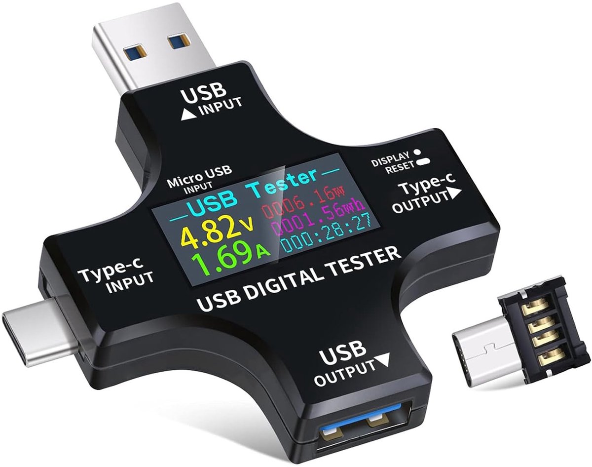 USB-tester - Zwart - Multifunctionele Digitale Multimeter met IPS-kleurendisplay - Voor USB- en USB-C-apparaten