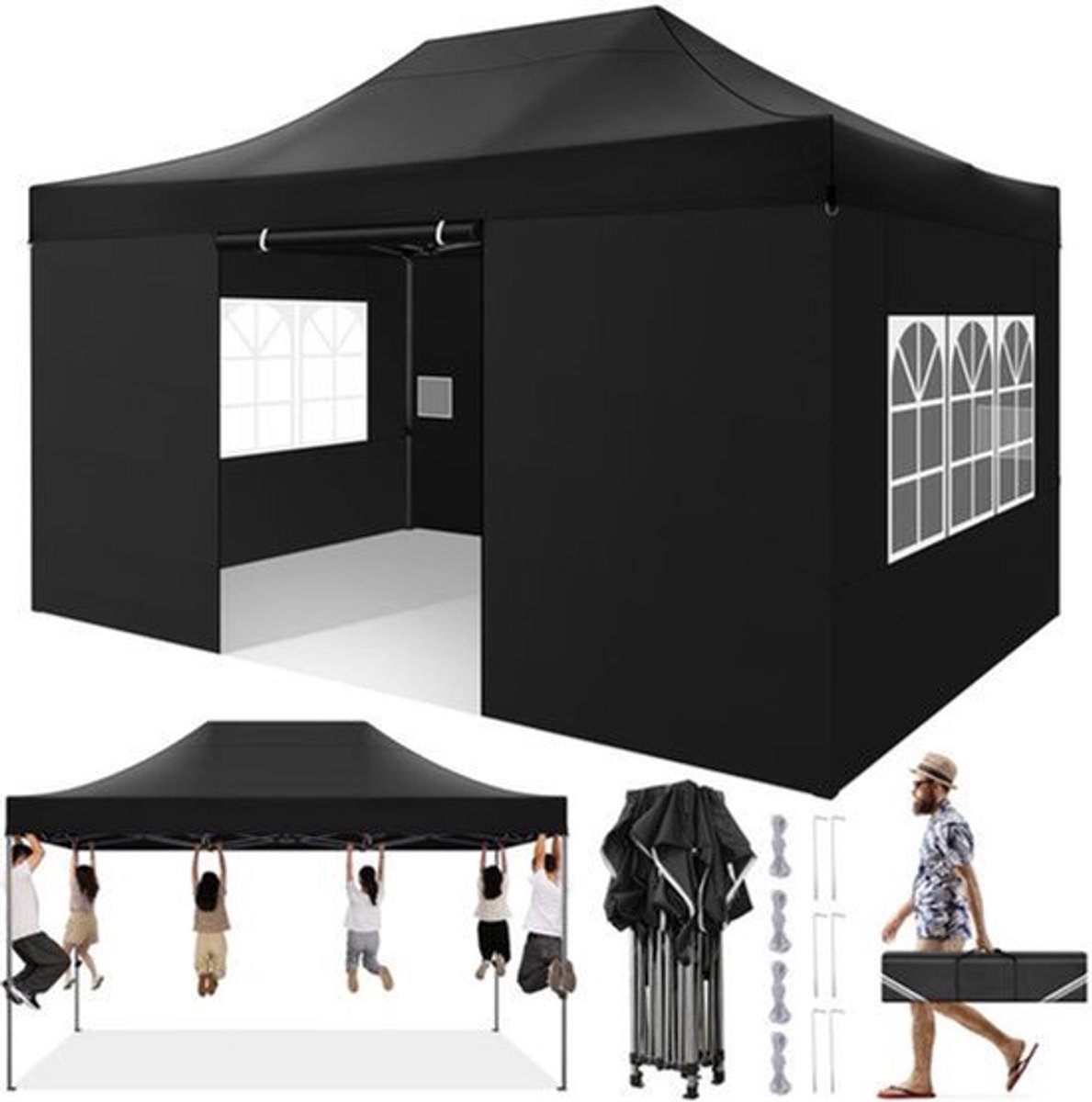 Partytent – Tuintent – Paviljoen – Feesttent – Schaduwdoek – 3x4,5m – 3 Verstelbare Hoogtes – Zwaar Weerbestendig Stof