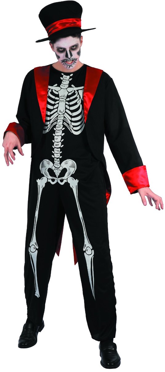 Joya Party® Dia de los Muertos Kostuum Heren | Day of the Dead Skelet Pak Man | Halloween Verkleedkleding Mannen | Skelet Jumpsuit met Jas & Hoge Hoed | Carnaval Outfit | Maat L/XL