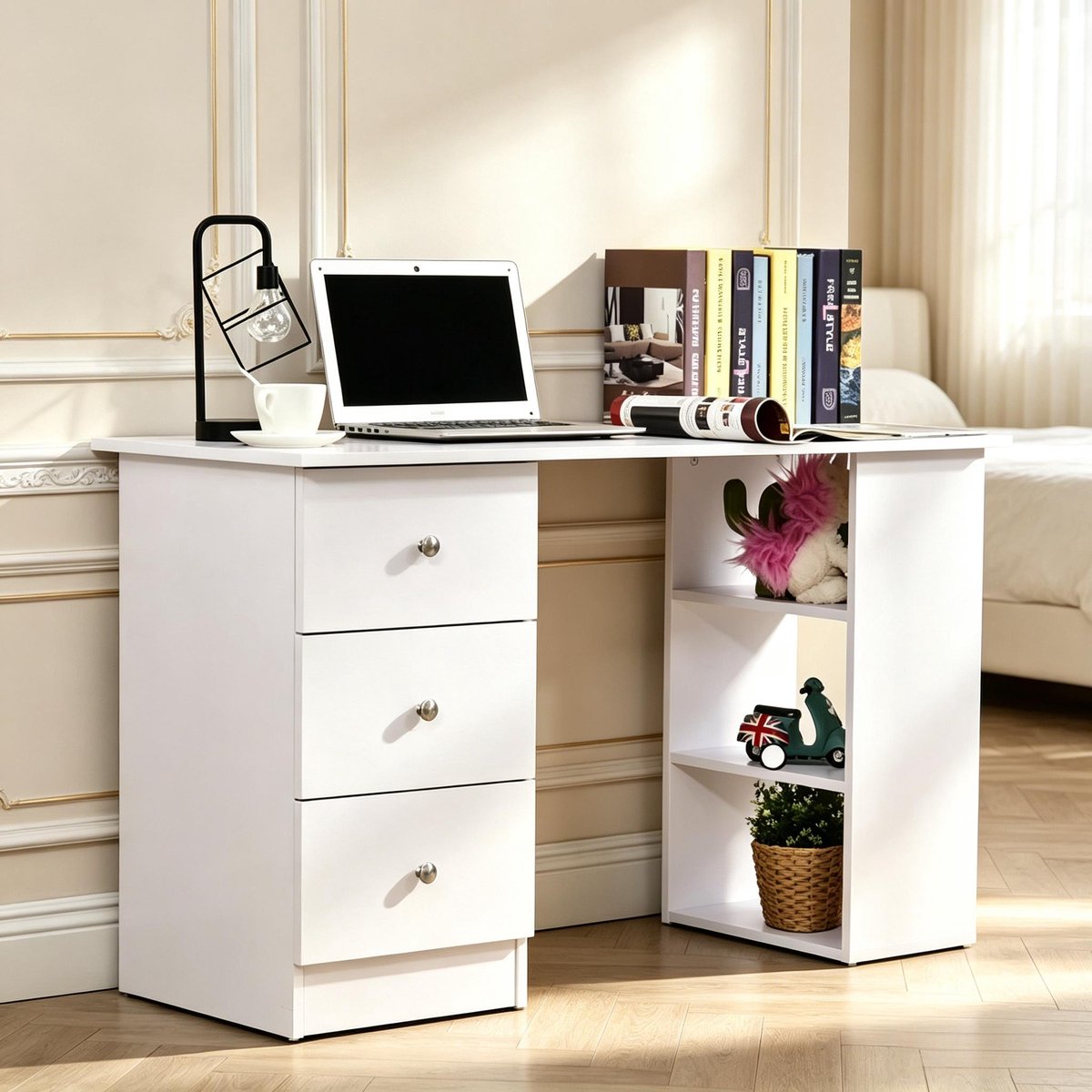 FloraGrace Bureau Wit Met 3 Lades En Open Opbergrekken Voor Thuis En Kantoor Modern Design MDF En Metaal 120 X 49 X 72 Cm