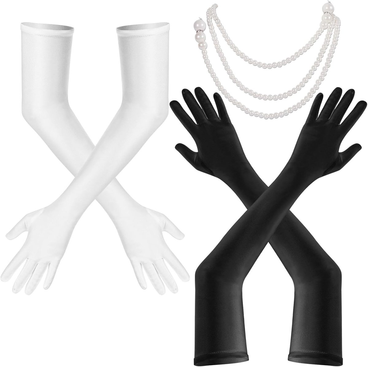 Elegante Lange Vrouwenhandschoenen met Parels - Klassieke Opera Handschoenen voor Halloween en Carnaval, Zwart en Wit