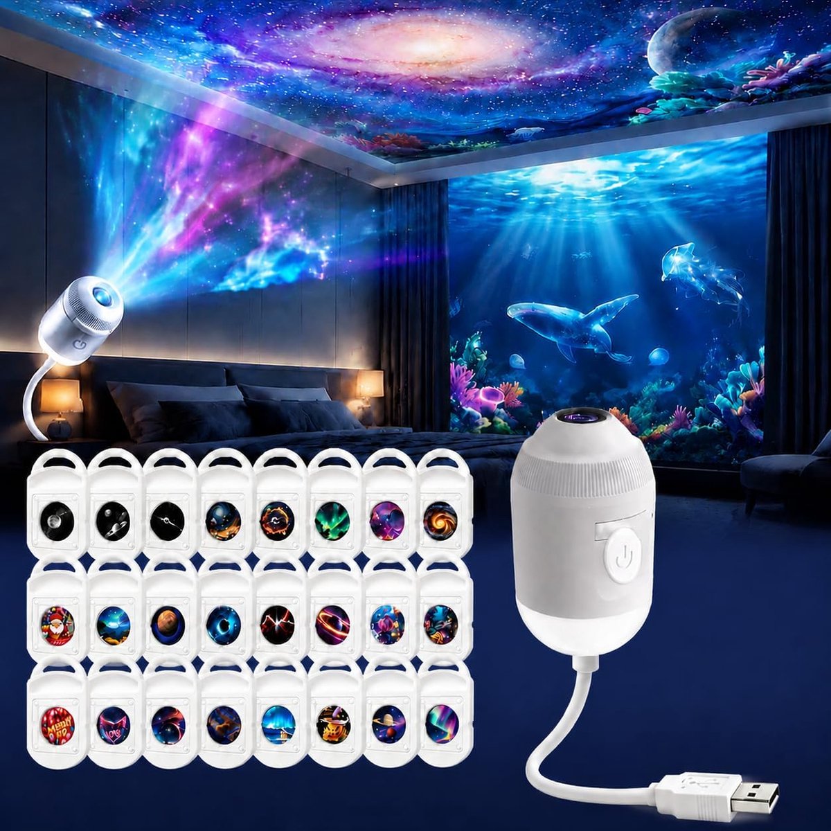 VHV Sterrenprojector - Galaxy Projector met 24 HD Projectiethema’s, Nachtlampje, 360° Verstelbare Arm en Regelbare Helderheid - USB Lamp voor Slaapkamer, Reizen en Ontspanning