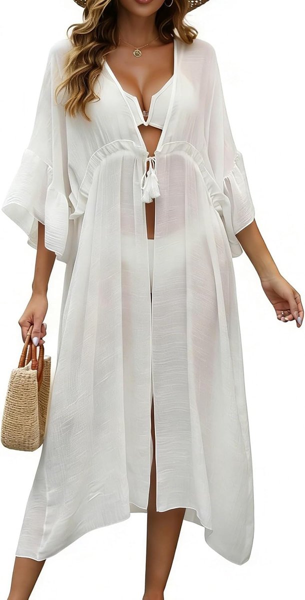 Strandjurk voor dames, bikini cover-up korte mouwen, V-hals, strandponcho, zomer, strandkleding, katoen, strandtuniek, strand, mini-jurk