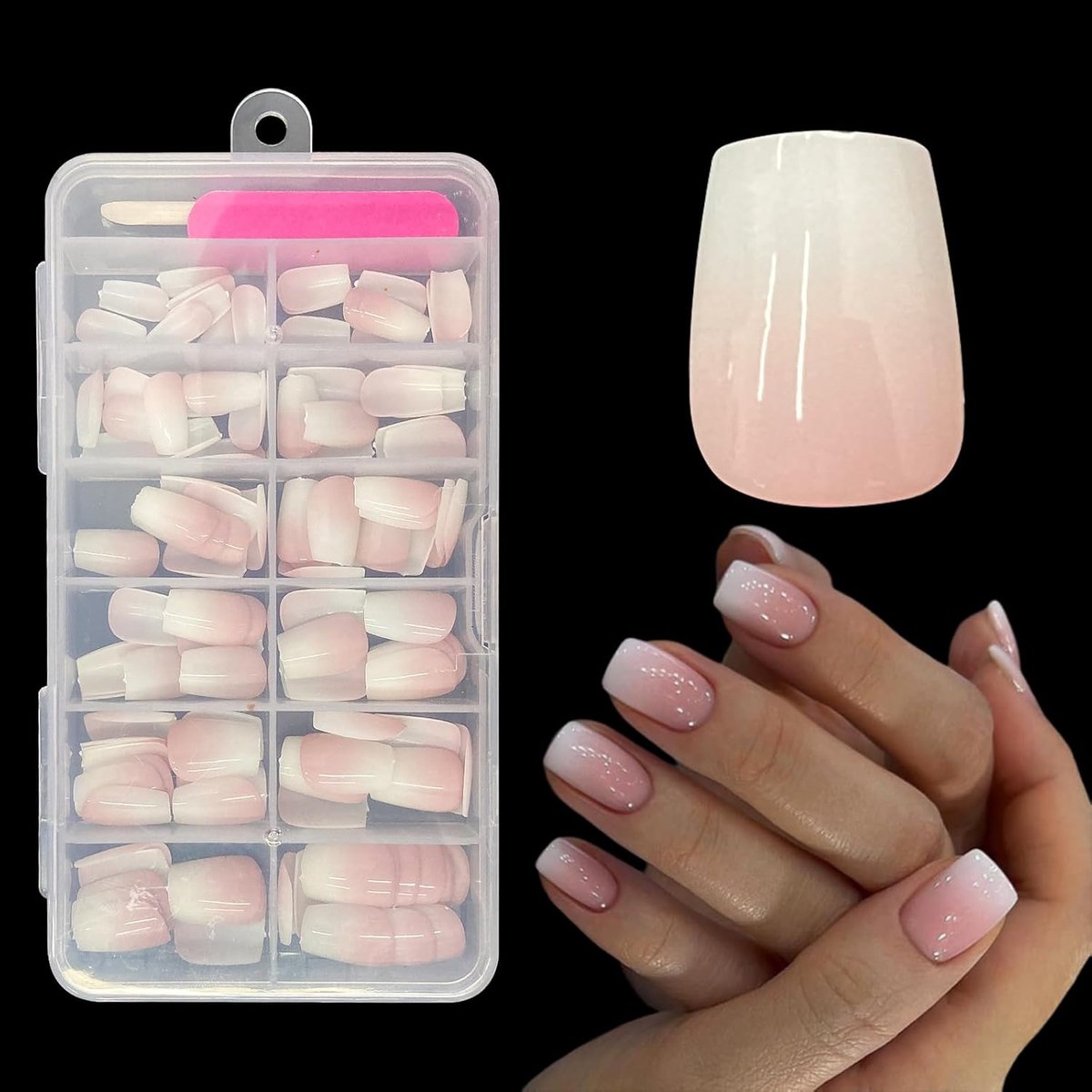 Kunstnagels, 120 stuks, wit-roze plaknagels, volledige dekking, vierkante opplaknagels, French kort vierkant (verloop wit-roze)
