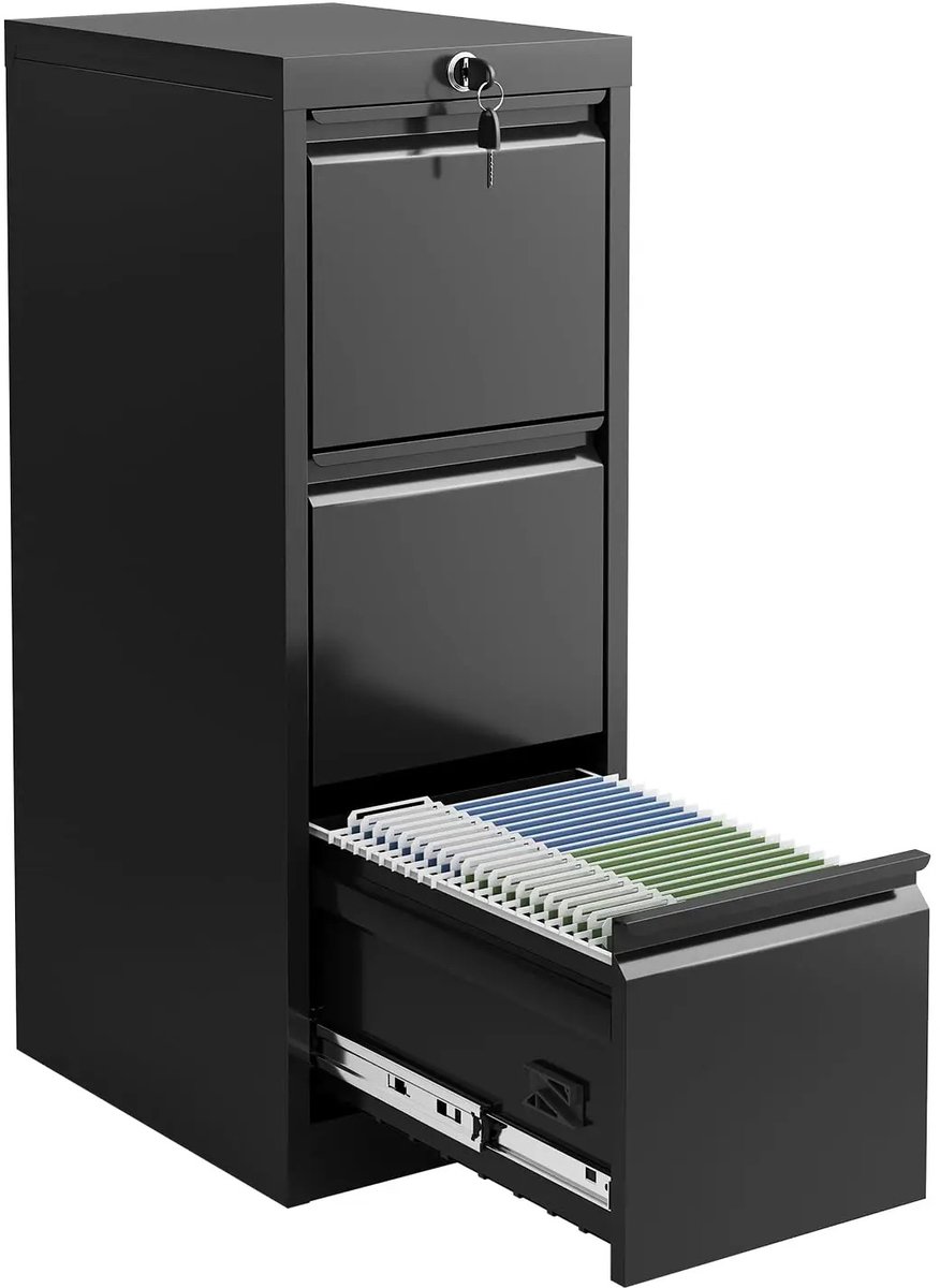 Bresht Archiefkast - Met 3 Laden - Afsluitbaar - 2 sleutels - Anti-kantelsysteem - Tot 150 kg - Staal - Zwart - 38 × 45 × 103 cm