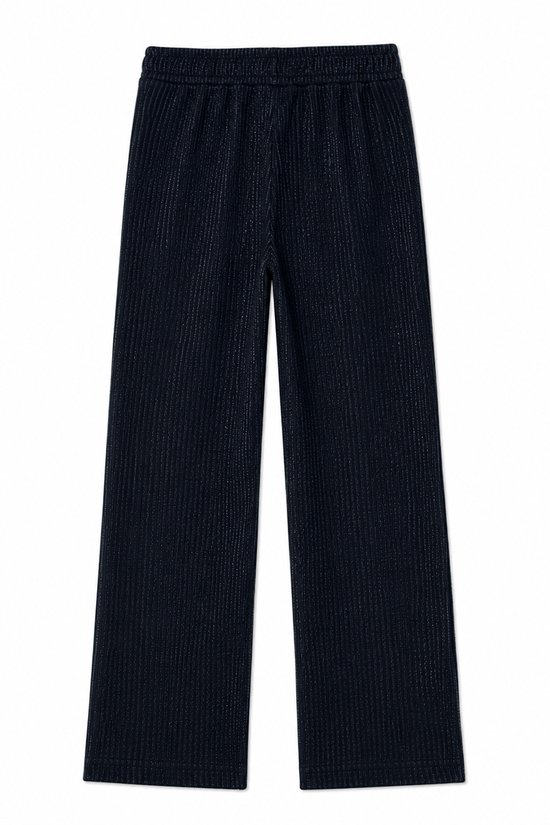 Donkerblauwe broek met fijne verticale glimmende strepen, wijde pijpen.