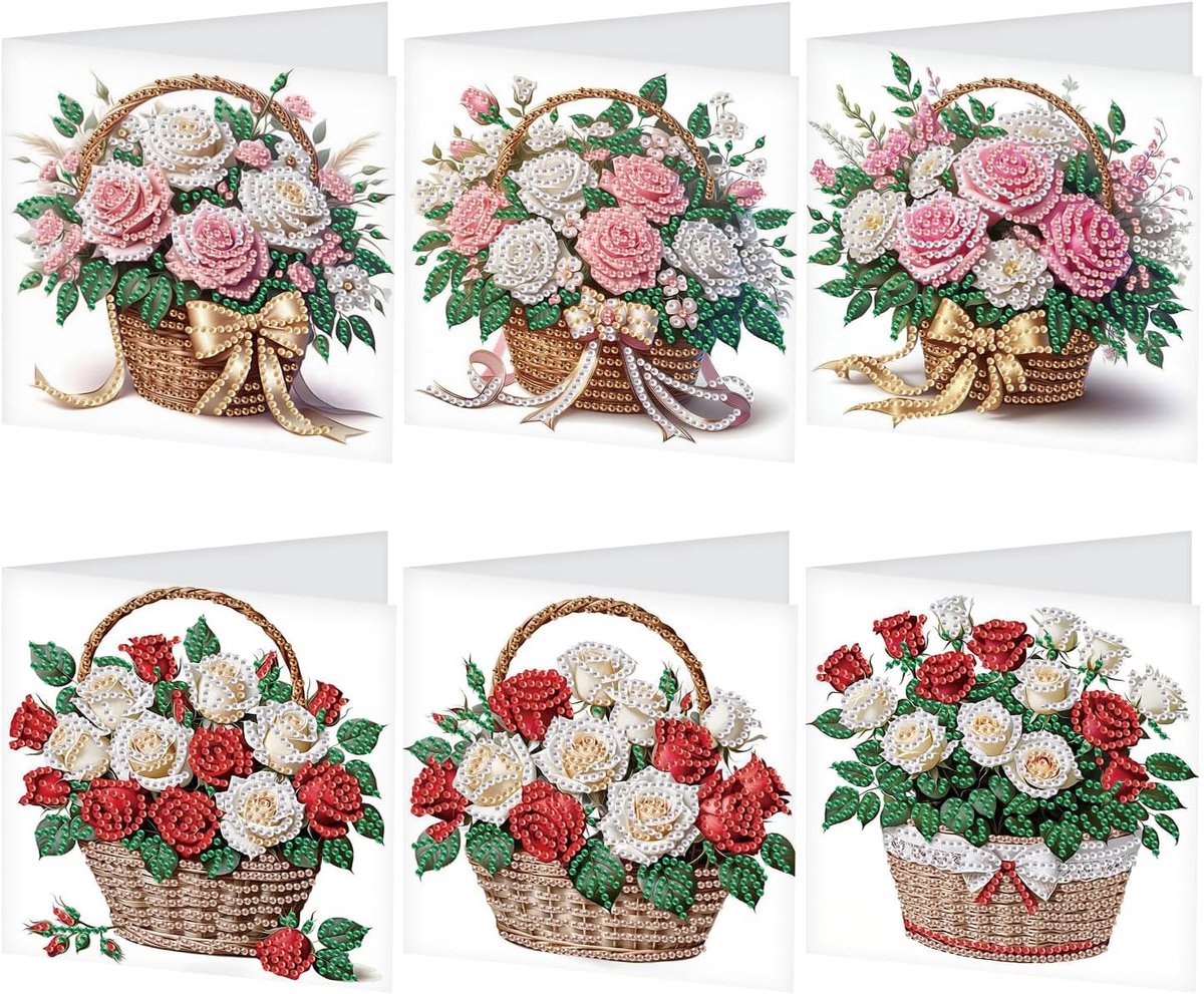 Set van 6 5D Diamond Painting wenskaart bloemen DIY diamant schilderij cadeaukaart diamant schilderij wenskaart prachtige kaart liefde dank kaart afscheidskaart condoleance kaart roos