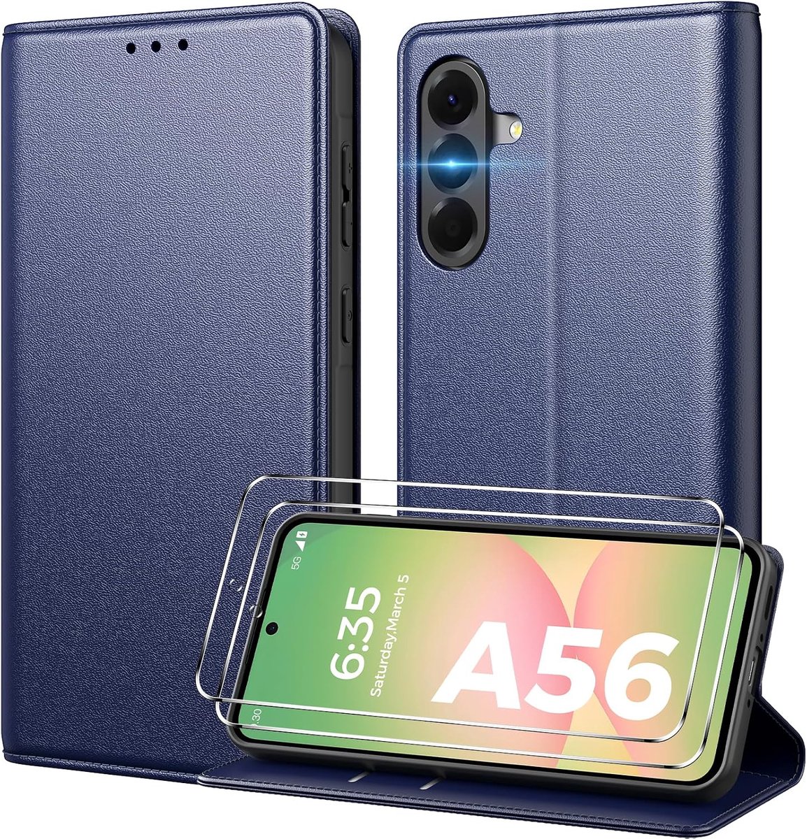 Hoes voor mobiele telefoon voor Samsung Galaxy A56 5G, met 2 stuks pantserbescherming glas, PU-leren klaphoesje met kaartenvak, standfunctie, blauw