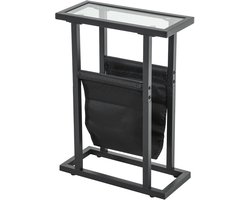 Metalen bijzettafel met stoffen opbergvak en glazen blad-smalle tafel voor woonkamer of slaapkamer-zwart