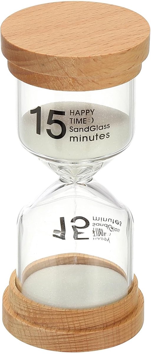 15 minuten zandtimer, houten zandhorloge, hoge borosilicaatglas, zandloper, zandklok, voor games, klaslokaal, keuken, kantoor, woondecoratie, wit