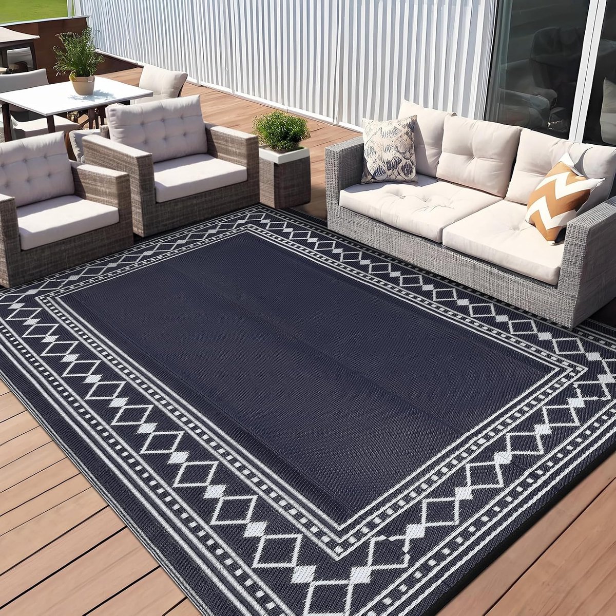 6 x 9 cm, waterdicht, omkeerbaar plastic strotapijt voor terras, modern geometrisch buitentapijt, wasbare duurzame campermat voor veranda, tuin, balkon, strand, blauw en zwart