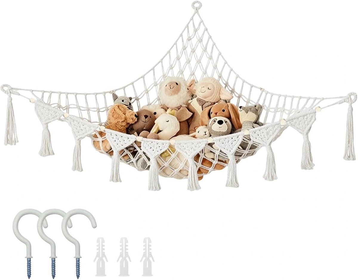 Opbergnet voor knuffeldieren, speciaal voor kinderkamer, knuffeldier, net voor knuffeldieren, handgemaakt en gebreid om op te hangen