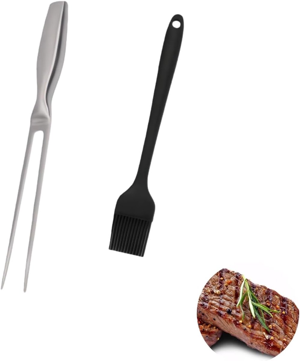 Grillvork van roestvrij staal, grillvork met handgreep, roestvrij staal, vleesvork, trancheervork met ergonomische professionele vleesvork 27 cm, inclusief borstel