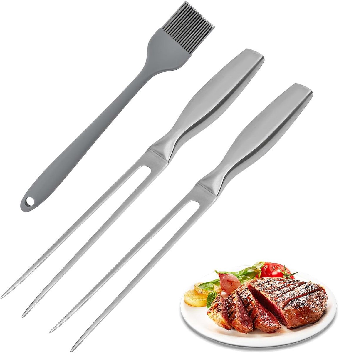 2 stuks vleesvork roestvrij staal: 27 cm vleesvork met ergonomische greep, grillvork met olieborstel, trancheervork van roestvrij staal voor restaurant keuken BBQ