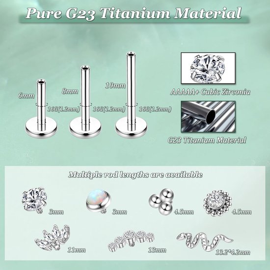 G23 Titanium Helix Piercing Sieraden Kraakbeen Oorbellen Intern Geschroefd Plat Achterkant Oorpiercing Labret Conch Piercing Hypoallergene Helix Oorbellen Zilver Goud Tragus Piercing — afbeelding 2