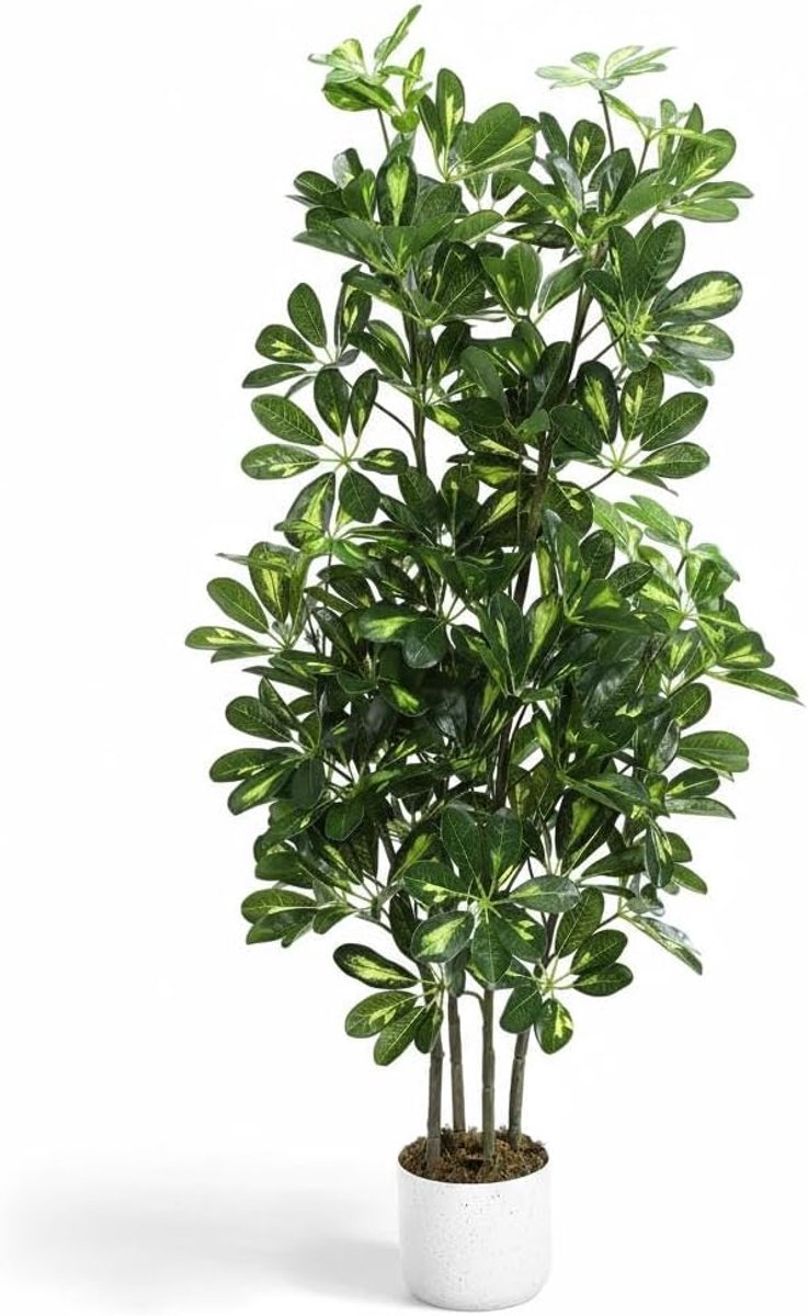 HOERFURIY kunst Schefflera parapluboom 120cm - PEVA bladeren voorgevormd in zwarte pot - onderhoudsvrije tropische kunstplant woonkamer hal kantoor overkapte terras decoratie