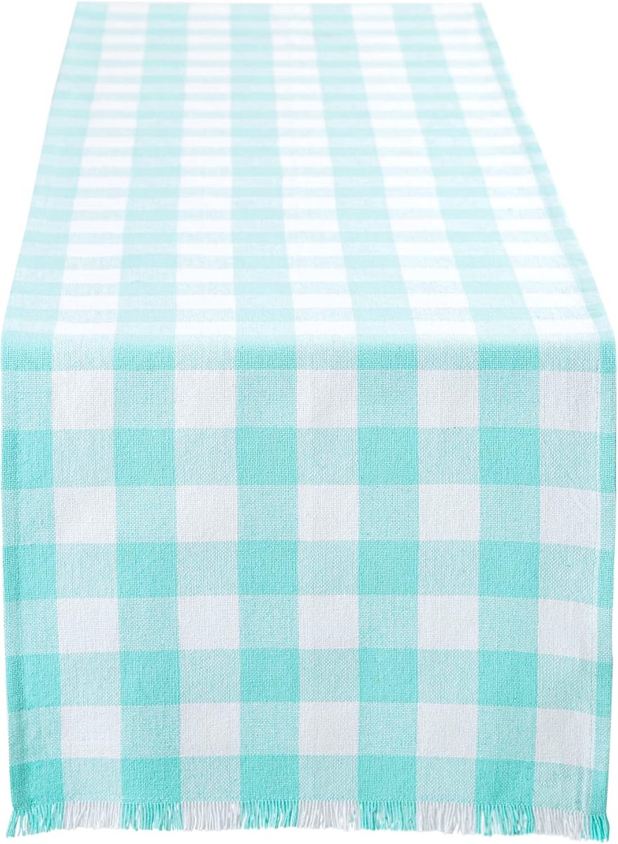 Check Tafelblad, Katoen, Aqua, Tafelloper, 14x72