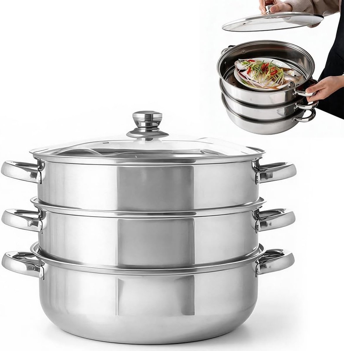 28 cm, roestvrijstalen stoompan, serveerpan, 3 verdiepingen kookgerei met deksel, stoompan voor het koken van groenten, zeevruchten, soepen, stoofschotels en pasta