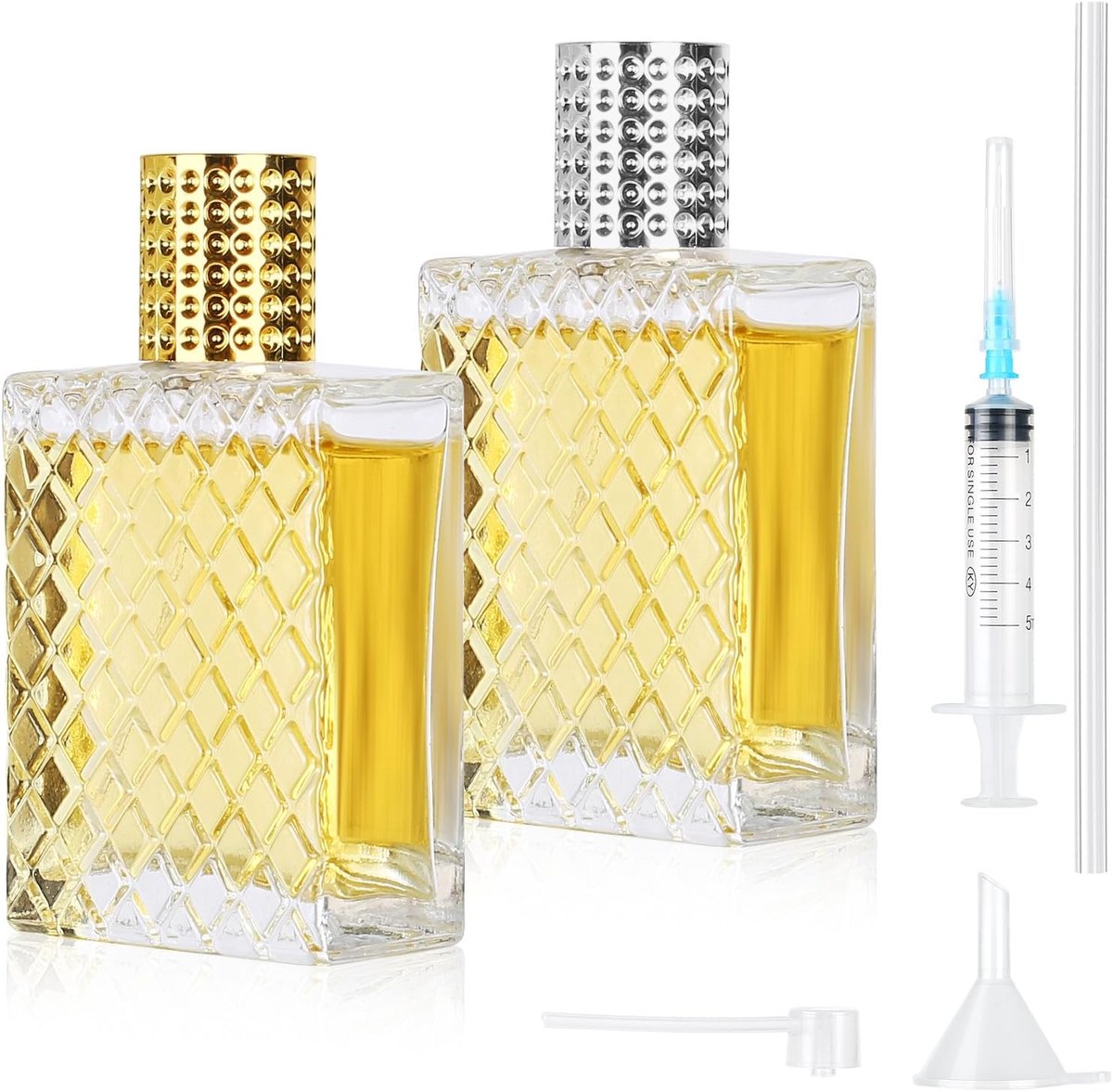2 pcs 100ml Parfumflesverstuiver, Parfumverstuiver, Lege Parfumfles, Navulbare Reisfles, voor Vrouwen en Mannen Reizen, Kristalglazen Parfumfles, Inclusief Trechter, Parfumdispenser en Spuit