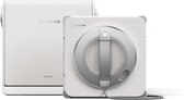 Een witte raamreiniger robot naast de witte basis unit.